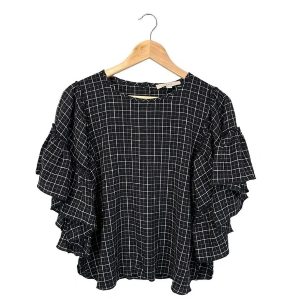 LOFT Black White Blouse Grid Plaid Ruffle Batwing Sleeve, Size S